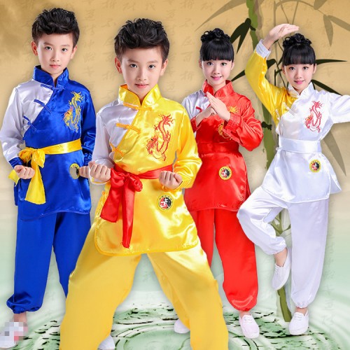 Kids Tae Kwon Do wushu costumes boys girls traditional dragon martial stage performance exercises tai chi kung fu student uniforms